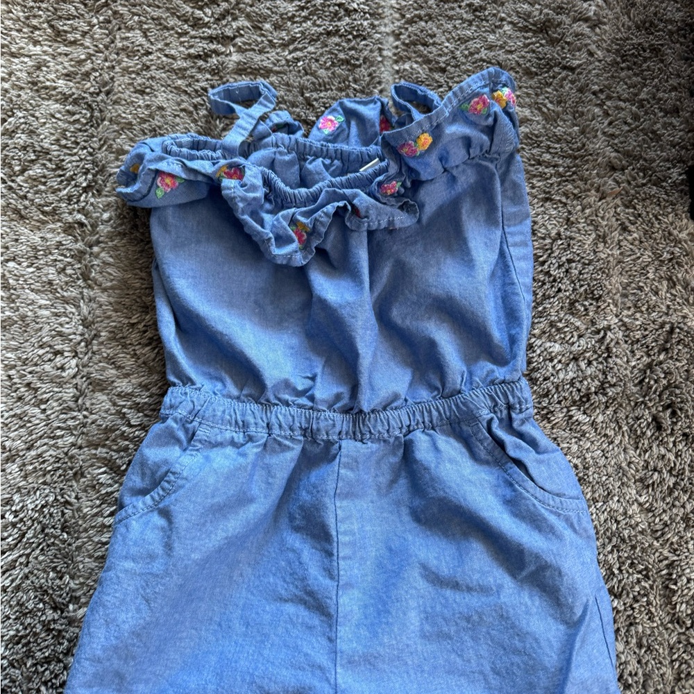 Janie and Jack Blue Ruffled Romper with Embroidery